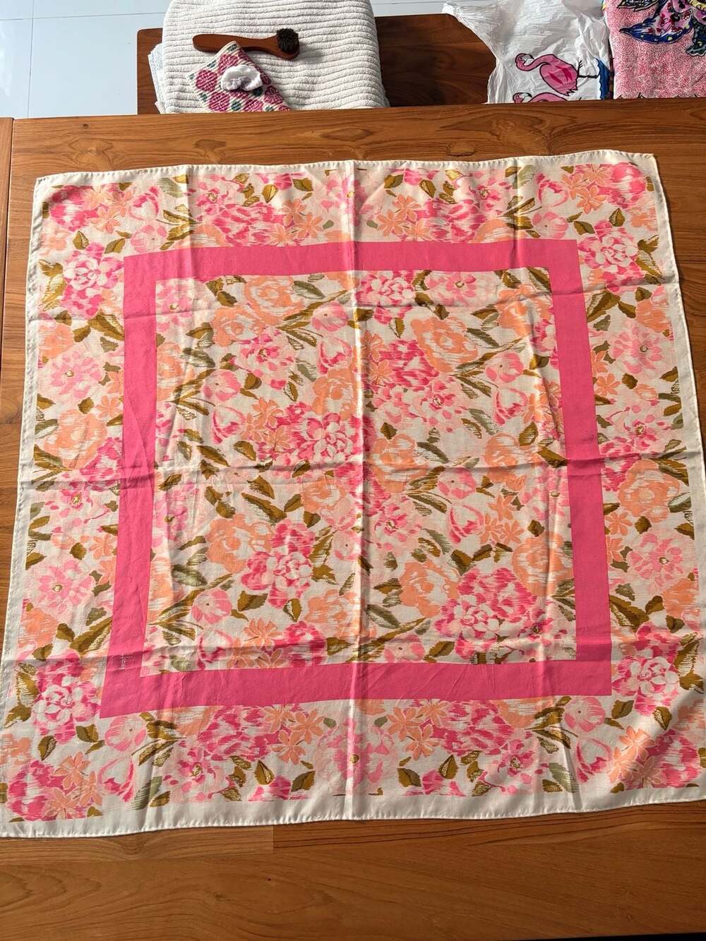 Honey Floral Print Square Silk Scarf in Pink and Orange